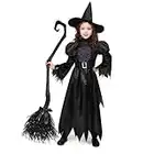 Spooktacular Creations Child Girl Black Witch Costume Simple Version with Broom for Kids, Halloween Dress Up (Small (5-7yr))