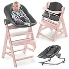 Hauck Alpha Plus Newborn Set mit Premium Bouncer - Baby Holz Hochstuhl ab Geburt mit Liegefunktion - extra flacher Aufsatz für Neugeborene & Baumwolle Sitzpolster - Rosa Dunkelgrau