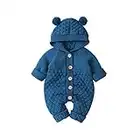 HUBA Neugeborenes Baby Strampler Overall, Kapuze Gestrickte Jumpsuit Winter wärmer Outwear Sweater Kleidungsset(0-24 Monate) (Dunkelblau, 73: 6-12 Monate)