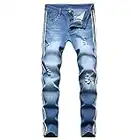 Lu's Chic Men's Stacked Jeans Skinny Ripped Fashion Stretch Side Striped Distressed Denim Pants, Blue, X-Large