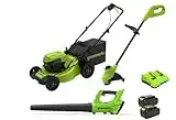 Greenworks 48V (2 x 24V) 20" Lawn Mower + 24V 16" String Trimmer + 24V Blower Combo, (2) 24V 4Ah Type-C Batteries and Charger Included, Green, 1324802