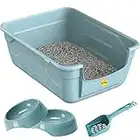 Blue Large Cat Open Litter Tray Box +2x 0.35L Bowls +Waste Scoop Set High Sided Deep Toilet Loo Adult Cats Kitten Pan Pet Loo Easy Cleaning Lowered Entry Step 11.5cm Easy Access Bowl Trays CatCentre®