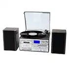 JORLAI Tocadiscos Todo en uno con Altavoces estéreo externos, Reproductor Vinilo con Bluetooth 3 velocidades, Reproductor de CD Casete, Radio Am/FM, codificación USB/SD, Entrada Auxiliar/Salida RCA