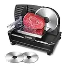 FOHERE Electric Meat Slicer Machine 200W for Home Use, with 2 Removable Stainless Steel Blade(Smooth/Serrated) and Food Pusher, Safety Switch, 0-15mm Thickness Adjustment, for Cheese, Bread