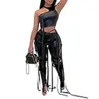 MESLIMA Women's PU Leather 2 Piece Outfits Sleeveless Tank Top Solid Lace Up Split Bodycon Pants Set Clubwear Black XL