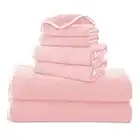 TENSTARS Luxury Silk Hemming Towel Set - Light Thin Quick Drying - 2 Bath Towels 2 Hand Towels 2 Washcloths - Ultra Soft Microfiber Towel for Bath Fitness, Sports, Yoga, Travel (Pink 6 Pieces)