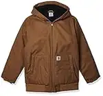 Carhartt Boys' Flannel-Lined Hooded Canvas Insulated Zip-Up Jacket, Brown, 7-8 Years