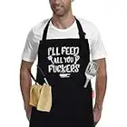 I'll Feed All You - Funny Black BBQ Chef Aprons for Men Women with 2 Pockets - Dad Gifts, Gifts for Men - Christmas Gifts Birthday Gifts for Husband, Son, Boyfriend- Kitchen Cooking Grilling Apron