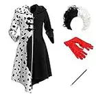IBTOM CASTLE Kids Girls Costume Dalmatian Dog Dress Halloween Carnival Cosplay Fancy Dress Up Party Movie Character Birthday Gown+Wig+Gloves+The Pole 5PCS Outfit White-long Sleeve 7-8 Years