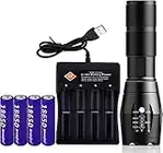 JJH Bright Flashlight Torches, 4 Slot Universal Charger, w/4 Rechargeable Top Button 3.7v Lithium Batteries, Smart Charger for Outdoor Camping, Cycling, Night Fishing