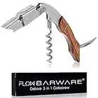 FLOW Barware 3-in-1 Waiter's Friend Corkscrew, Bottle Opener, & Foil Cutter | Cork Screwer Bottle Opener | Stainless Steel Cork Screw with Rosewood Handle | New Home Essentials, Gift for Wine Lovers