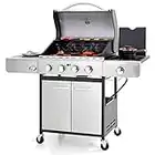 Sophia & William 4-Burner Propane Gas Grill with Side Burner and Porcelain-Enameled Cast Iron Grates 42,000BTU Outdoor Cooking Stainless Steel BBQ Grills Cabinet Style Patio Garden Barbecue Grill, Silver