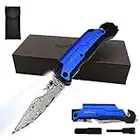 ALBATROSS 6-in-1 Modern Damascus Steel Folding Pocket Knives with LED Light,Seatbelt Cutter,Glass Breaker,Magnesium Fire Starter,Bottle Opener;Multi-Function Emergency Tool(Blue)