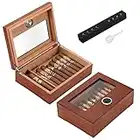 TISFA Cigar Humidor, Glass Top Cigar Box with Hygrometer and Humidifier, Desktop Cedar Wood Storage Case Holds 15-20 Cigars