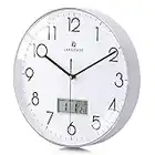 Lafocuse Silent Kitchen Wall Clock with Date and Day Temperature,Silver Wall Clocks for Living Room Modern Bedroom,LCD Display Quartz Digital Wall Clock Battery Operated for Office 12 Inch