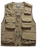 Flygo Men's Casual Lightweight Outdoor Travel Fishing Vest Jacket Multi Pockets (Large, Khaki)