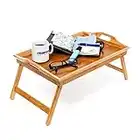 Relaxdays Tablette de Lit pliable Plateau Petit Déjeuner au Lit pliant en bambou laqué bois H x l x P: 25 x 52 x 33 cm avec poignées transport table appoint table de service, nature