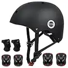 XJD Fahrradhelm Kinder Schoner Set(7er) Kinder Helm mit Knie- & Ellenbogen- & Handgelenkschützer Verstellbarer Schutzausrüstung Jugend Skaterhelm für 3-13 Jahre Alt (S: 49-55 cm, Schwarz)