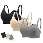 Stelle Womens Nursing Maternity Bra for Breastfeeding Pregnancy Wireless Bralette with Pads, Extenders and Clips Pack of 3 (Black+Gray+Beige, M)