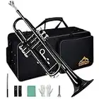 EASTROCK Bb Trumpet Standard, Trumpet Set for Beginner, Brass Trumpet Instrument with Hard Case Gloves 7C Mouthpiece Cleaning Kit for Student (Black)