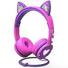 FosPower Kids Headphones with LED Cat Ears, 3.5mm On-Ear Wired Headset with Laced Cables for iPad/Smartphones/PC/Kindle/Tablet/Laptop/School (Max Volume 85dB) - Hot Pink/Purple