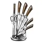 Velaze Set Coltelli, Coltelli Cucina Set 8 Pezzi, Ceppo Coltelli, Set di Coltelli Professionali Chef in Acciaio Inossidabile con Blocco Coltelli Girevole - Marrone