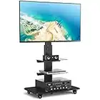 Rfiver Rolling Floor TV Stand with Swivel Mount for 40-75 Inch Flat Screen/Curved TVs, 3-Shelf Heavy Duty Portable Mobile TV Cart with Wheels, Black Universal Tall TV Mount Trolley for Home and Office