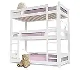 Triple Bunk Bed, 3ft Wooden Bunk Beds With Ladder Triple Sleeper Kids Bunk Bed, Solid Pine Wood Single Bed frame For Kids Children Home (White, L197 cm x W104.5 cm x H197.5 cm)