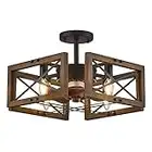 DUJAHMLAND Farmhouse Flush Mount Ceiling Fan with Light, Remote Control , 20 Inch Industry Wood Low Profile for Bedroom Living Room Kitchen (Antique Wood 4-Light)