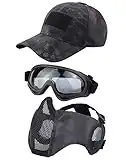 Hodeacc Taktische Airsoft-Maske, Baseballkappen-Set, verstellbare halbe Gesichtsmaske, mit Ohrenschutz, Airsoft-Brille, Augenschutz, Outdoor-Hut für Airsoft/BB/CS-Spiele, 3 Stück