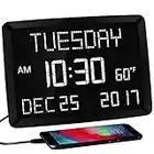 Digital Clock for Seniors,11.5”Large LED Display,Calendar Wall Clock with Temperature/Date/Week,3 Alarms,2 USB Chargers,5 Dimmer,15 Volume, Snooze,12/24H & DST,Battery Backup,Day Clock for Living Room