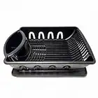 Heavy Duty Large Black Plastic Sink Set with Dish Rack with Drainer & Drainboard, Snap Lock Tab Cup Holders for Home Kitchen Sink Organizer Made in USA