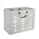 YORKING 3 Section Laundry Basket Foldable lights and darks Large Laundry Bag Collapsible Storage Washing Hamper Bin Folding Dirty Clothes Bag for Bedroom Bathroom (Light Grey)