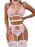 wearella Set di lingerie sexy da donna con giarrettiera, biancheria intima girocollo in pizzo, reggiseno e slip (senza calze), bianco e rosa., L