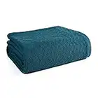 BELIZZI HOME 100% Cotton Bed Blanket, Breathable Thermal Blanket Full - Queen Size, Soft Chevron 90''x90'', Perfect for Layering Any All Season, Teal