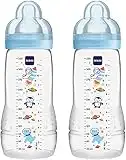 MAM Easy Active Baby Bottle with Fast Flow MAM Teats Size 3, Twin Pack of Baby Bottles, Baby Feeding, 330 ml, Blue (Designs May Vary)