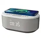 Radio Reveil avec Chargement sans Fil Qi, Port de Chargement USB, Radio FM, Enceinte Bluetooth, Double Alarme et Affichage à LED - Réveil Numérique, Reveil Digital (Blanc)