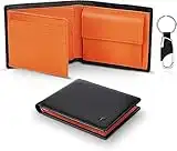 TEEHON® Portafoglio Uomo Slim Vera Pelle Blocco RFID, con Tasca Portamonete, 2 Scomparti Banconote, 10 Porta Carte di Credito, Portachiavi. Piccolo Sottile Confezione Regalo-nero e arancione