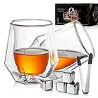 YouYah Whiskey Glasses Set of 2 - Double Walled Crystal Whisky Glasses with 4 Stainless Steel Ice Cubes and Tong,Rocks Glass,Gifts for Men,Lowball Bar Glass for Cocktails,Scotch,Bourbon,Cognac(6.7oz)