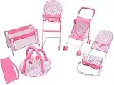 KOOKAMUNGA KIDS 6 Pc Baby Doll Stroller Set - Baby Doll Accessories - Baby Doll Playset w/Doll Crib Stroller High Chair & Feeding Tray - Playpen - Bouncer - Diaper Bag - Activity Mat - Ages 3+ (Pink)