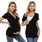 KOJOOIN Camiseta de maternidad de enfermería de manga corta con cuello en V y lactancia materna Tops plisado frontal ropa de maternidad túnica de embarazo, Negro-01, XL