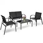 COSTWAY Ensemble Salon de Jardin 4 Pcs, Ensemble Table et Chaises Extérieur 4 Places, Chaise Extérieure en Textile Cadre en Fer, Table Basse Vitrée, pour Baclon, Terrasse, Patio, Gris/Noir(Noir)