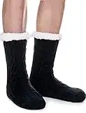 ANTSANG Hombres Zapatillas difusas Calcetines Esponjoso acogedor Cabaña Invierno Vellón cálido Suave grueso cómodo Calcetines antideslizantes (Negro)