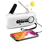 Radio Solaire à manivelle Radio d'urgence portable rechargeable 2000 mAh, lampe de poche LED, dynamo à manivelle pour camping, survie, voyage, urgence (Blanc)