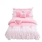 Lotus Karen Shaggy Chic Ruffle 3-Piece Duvet Cover Set- Soft Cotton Girls Bedding with Cute Bow-Knots-Sweet Pink Princess Bed Set Full Size(1Duvet Cover/2Pillowcases)