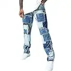 Men's Denim Patchwork Straight Pants Stylish Non-Stretch Patch Denim Wide-Leg Pants Patch Ripped Distressed Denim Pants for boy (Blue,S)