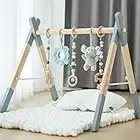 Wooden Baby Play Gym Foldable Frame Activity Gym Hanging Bar with 5 Gym Baby Toys Natural Gift for Newborn Baby (Foldable Grey)