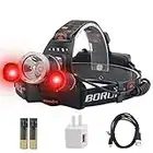 BORUIT RJ-3000 LED Rechargeable Headlamp,3 Modes White and Red LED Hunting Headlamps,5000 Lumens Tactical Flashlight Red Light Head Lamp for Running Camping Hiking Fishing