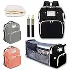 Baby Changing Backpack Bag-ENCHANT Multifunctional Baby Diaper Bag With Folding Baby Bed, Insulated Baby Bottle Pockets, Changing Mat, Stroller Straps, USB Port (GREY)