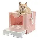 Naivees Large Cat Litter Box Foldable Jumbo Top Entry Covered Litter Box with Lid , No Smell Easy to Clean Pet Litter Box with Shovel (Pink)